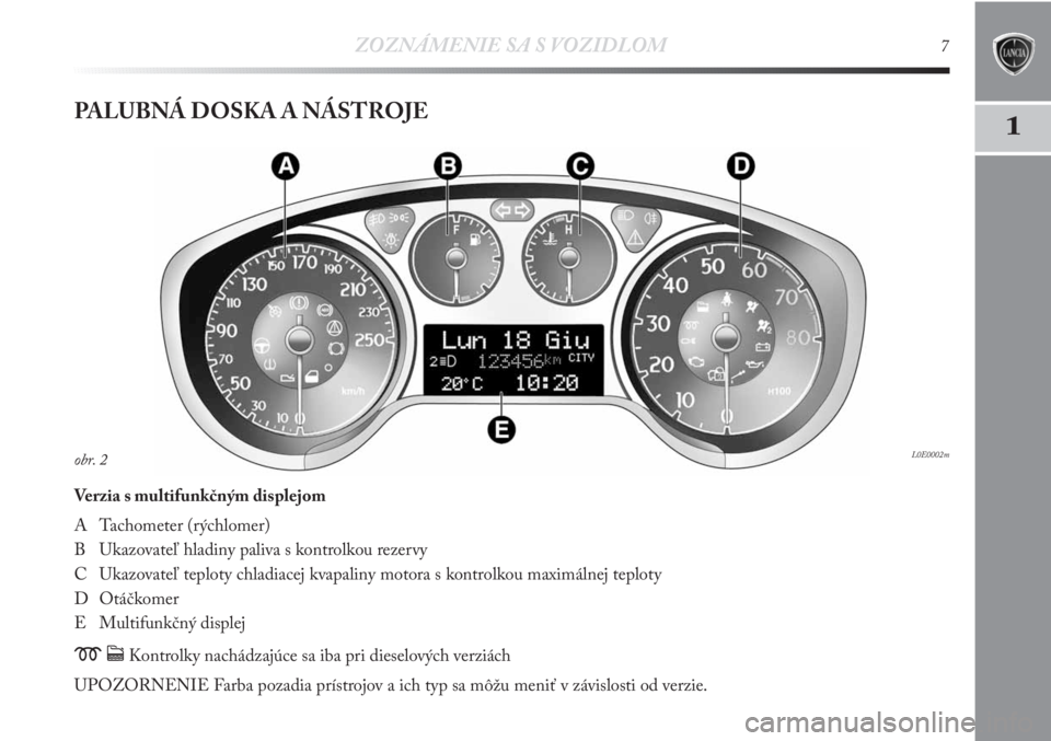 Lancia Delta 2011 Návod na použitie a údržbu (in Slovak) 1
ZOZNÁMENIE SA S VOZIDLOM7
PALUBNÁ DOSKA A NÁSTROJE
Verzia s multifunkčným displejom
A Tachometer (rýchlomer)
B Ukazovateľ hladiny paliva s kontrolkou rezervy
C Ukazovateľ teploty chladiacej Lancia Delta 2011 Návod na použitie a údržbu (in Slovak) 1
ZOZNÁMENIE SA S VOZIDLOM7
PALUBNÁ DOSKA A NÁSTROJE
Verzia s multifunkčným displejom
A Tachometer (rýchlomer)
B Ukazovateľ hladiny paliva s kontrolkou rezervy
C Ukazovateľ teploty chladiacej