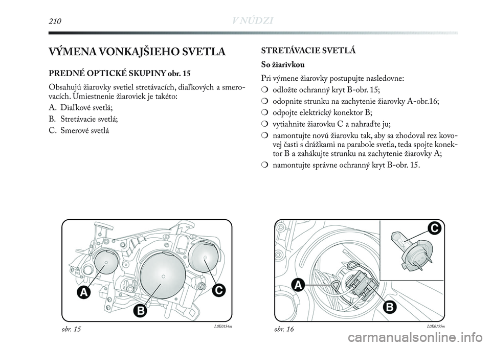 Lancia Delta 2013  Návod na použitie a údržbu (in Slovak) 210V NÚDZI
VÝMENA VONKAJŠIEHO SVETLA
PREDNÉ OPTICKÉ SKUPINY obr. 15
Obsahujú žiarovky svetiel stretávacích, diaľkových a smero-
vacích. Umiestnenie žiaroviek je takéto: 
A. Diaľkové sv