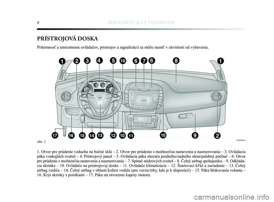 Lancia Delta 2014 Návod na použitie a údržbu (in Slovak) 8ZOZNÁMTE SA S VOZIDLOM
PRÍSTROJOVÁ DOSKA
Prítomnosť a umiestnenie ovládačov, prístrojov a signalizácií sa môže meniť v závislo\Ľsti od vybavenia.
1. Otvor pre prúdenie vzduchu na bo Lancia Delta 2014 Návod na použitie a údržbu (in Slovak) 8ZOZNÁMTE SA S VOZIDLOM
PRÍSTROJOVÁ DOSKA
Prítomnosť a umiestnenie ovládačov, prístrojov a signalizácií sa môže meniť v závislo\Ľsti od vybavenia.
1. Otvor pre prúdenie vzduchu na bo