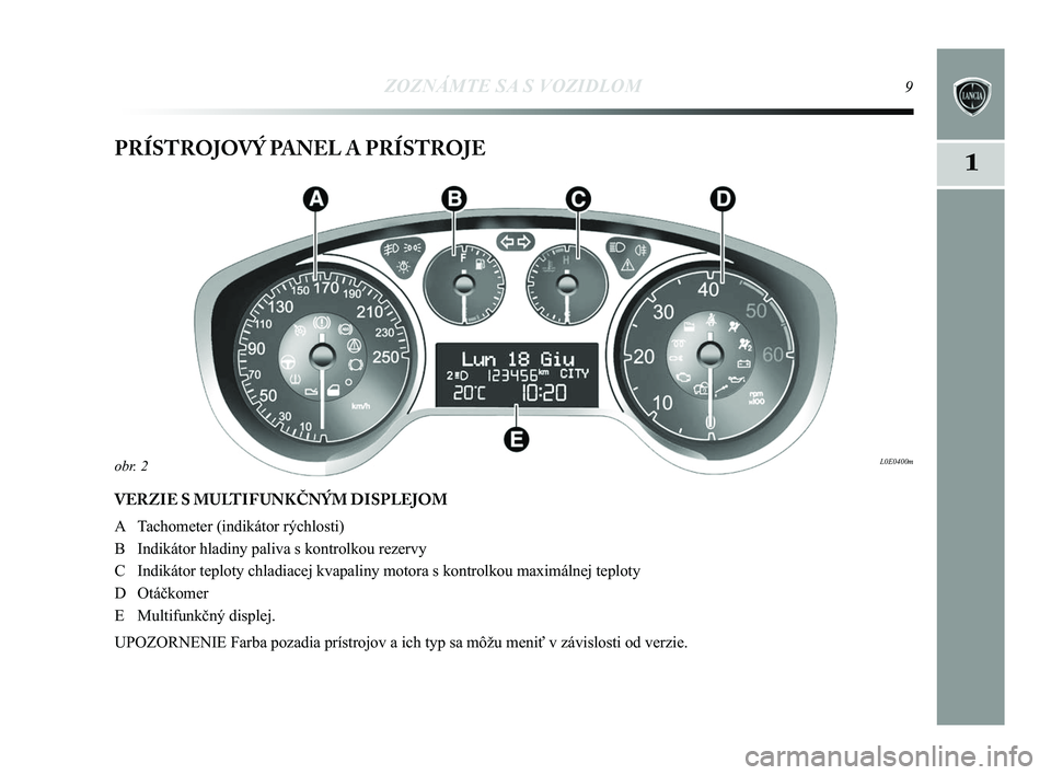 Lancia Delta 2015  Návod na použitie a údržbu (in Slovak) 1
ZOZNÁMTE SA S VOZIDLOM9
PRÍSTROJOVÝ PANEL A PRÍSTROJE
VERZIE S MULTIFUNKČNÝM DISPLEJOM
A Tachometer (indikátor rýchlosti) 
B Indikátor hladiny paliva s kontrolkou rezervy
C Indikátor tep