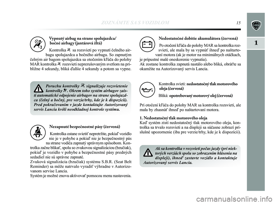 Lancia Delta 2015  Návod na použitie a údržbu (in Slovak) ZOZNÁMTE SA S VOZIDLOM15
1
Vypnutý airbag na strane spolujazdca/bočné airbagy (jantárová žltá) 
Kontrolka 
“sa rozsvieti po vypnutí čelného air-
bagu spolujazdca a bočného airbagu. So z