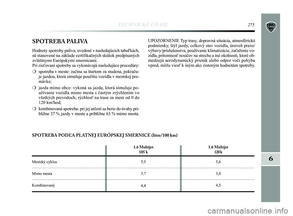 Lancia Delta 2015  Návod na použitie a údržbu (in Slovak) TECHNICKÉ ÚDAJE275
6
SPOTREBA PALIVA
Hodnoty spotreby paliva, uvedené v nasledujúcich tabuľkách,
sú stanovené na základe certifikačných skúšok predp\
ísaných
zvláštnymi Európskymi sm