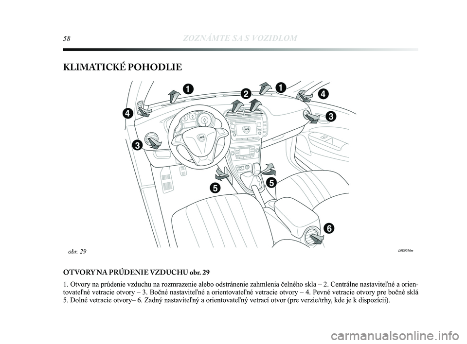 Lancia Delta 2015  Návod na použitie a údržbu (in Slovak) 58ZOZNÁMTE SA S VOZIDLOM
KLIMATICKÉ POHODLIE
OTVORY NA PRÚDENIE VZDUCHU obr. 29
1. Otvory na prúdenie vzduchu na rozmrazenie alebo odstránenie zah\
mlenia čelného skla – 2. Centrálne nastavi