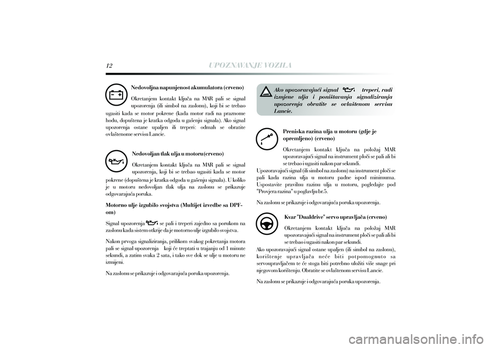 Lancia Delta 2013  Knjižica s uputama za uporabu i održavanje (in Croatian) UPOZNAVANJE VOZILA
Ako upozoravaju}i signal 
             treperi, radi 
izmjene  ulja  i  poni{tavanja  signaliziranja 
upozorenja  obratite  se  ovla{tenom  servisu 
Lancie. X Nedovoljna napunjenost