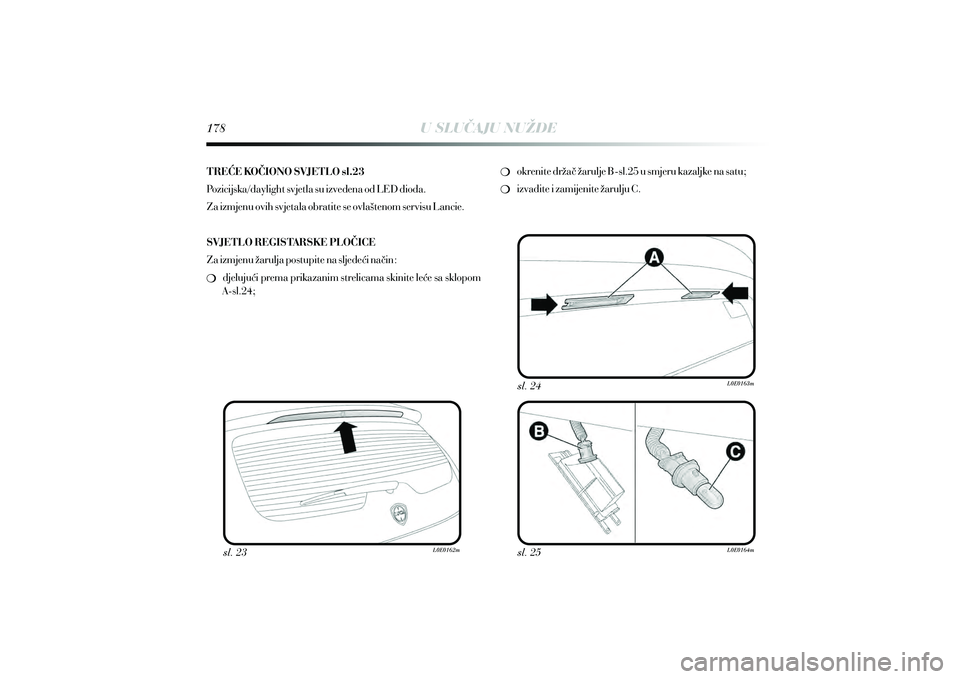 Lancia Delta 2015  Knjižica s uputama za uporabu i održavanje (in Croatian) U SLUCAJU NUŽDE
sl. 23 sl. 25 sl. 24
TRE]E KO^IONO SVJETLO sl.23
Pozicijska/daylight svjetla su izvedena od LED dioda. 
Za izmjenu ovih svjetala obratite se ovla{tenom servisu Lancie.
SVJETLO REGISTA