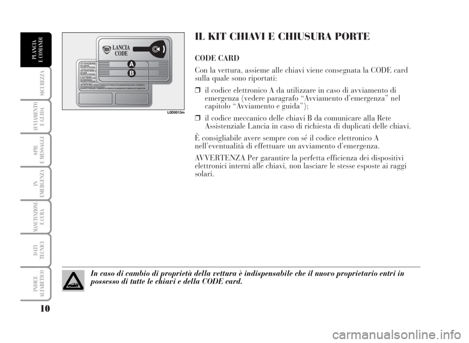 Lancia Musa 2007  Libretto Uso Manutenzione (in Italian) IL KIT CHIAVI E CHIUSURA PORTE
CODE CARD
Con la vettura, assieme alle chiavi viene consegnata la CODE card
sulla quale sono riportati:
❒il codice elettronico A da utilizzare in caso di avviamento di