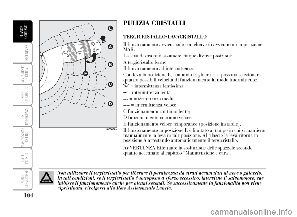 Lancia Musa 2007  Libretto Uso Manutenzione (in Italian) 104
SICUREZZA
AVVIAMENTO 
E GUIDA
SPIE
E MESSAGGI
IN
EMERGENZA
MANUTENZIONEE CURA
DATI 
TECNICI
INDICE
ALFABETICO
PLANCIA
E COMANDI
PULIZIA CRISTALLI
TERGICRISTALLO/LAVACRISTALLO 
Il funzionamento avv