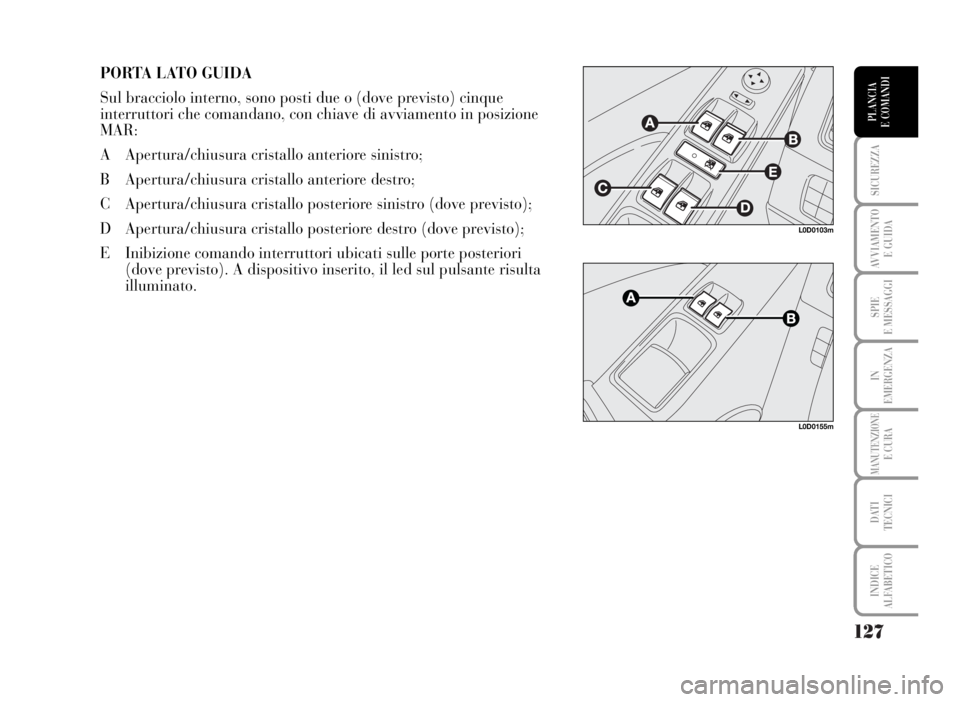 Lancia Musa 2007 Libretto Uso Manutenzione (in Italian) 127
SICUREZZA
AVVIAMENTO
E GUIDA
SPIE
E MESSAGGI
IN
EMERGENZA
MANUTENZIONEE CURA
DATI
TECNICI
INDICE
ALFABETICO
PLANCIA
E COMANDI
PORTA LATO GUIDA
Sul bracciolo interno, sono posti due o (dove previ Lancia Musa 2007 Libretto Uso Manutenzione (in Italian) 127
SICUREZZA
AVVIAMENTO
E GUIDA
SPIE
E MESSAGGI
IN
EMERGENZA
MANUTENZIONEE CURA
DATI
TECNICI
INDICE
ALFABETICO
PLANCIA
E COMANDI
PORTA LATO GUIDA
Sul bracciolo interno, sono posti due o (dove previ