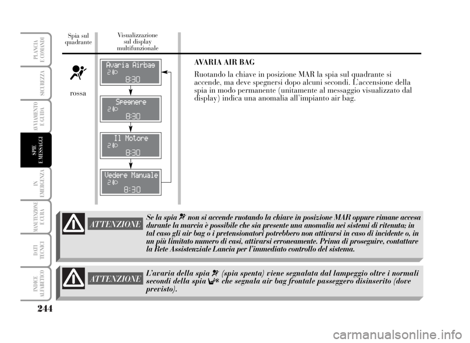 Lancia Musa 2007  Libretto Uso Manutenzione (in Italian) 244
IN
EMERGENZA
MANUTENZIONEE CURA
DATI 
TECNICI
INDICE
ALFABETICO
PLANCIA
E COMANDI
SICUREZZA
AVVIAMENTO 
E GUIDA
SPIE
E MESSAGGI
AVARIA AIR BAG 
Ruotando la chiave in posizione MAR la spia sul quad