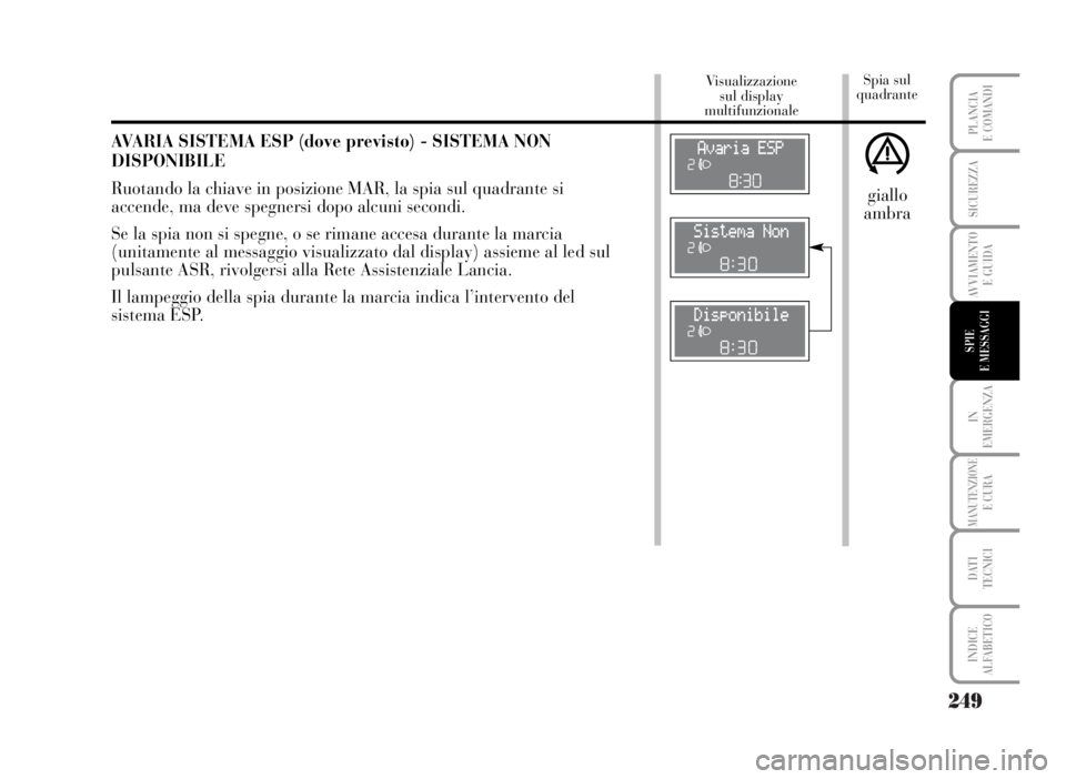 Lancia Musa 2007  Libretto Uso Manutenzione (in Italian) 249
IN
EMERGENZA
MANUTENZIONEE CURA
DATI 
TECNICI
INDICE
ALFABETICO
PLANCIA
E COMANDI
SICUREZZA
AVVIAMENTO 
E GUIDA
SPIE
E MESSAGGI
Spia sul
quadrante Visualizzazione 
sul display 
multifunzionale
AVA