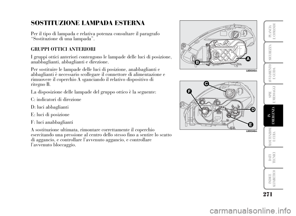 Lancia Musa 2007  Libretto Uso Manutenzione (in Italian) 271
SPIE
E MESSAGGI
MANUTENZIONEE CURA
DATI 
TECNICI
INDICE
ALFABETICO
PLANCIA
E COMANDI
SICUREZZA
AVVIAMENTO 
E GUIDA
IN
EMERGENZA
SOSTITUZIONE LAMPADA ESTERNA
Per il tipo di lampada e relativa poten