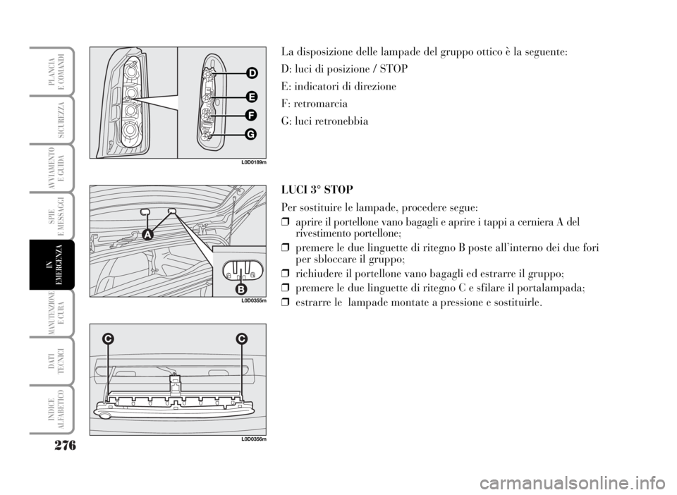 Lancia Musa 2007  Libretto Uso Manutenzione (in Italian) 276
SPIE
E MESSAGGI
MANUTENZIONEE CURA
DATI 
TECNICI
INDICE
ALFABETICO
PLANCIA
E COMANDI
SICUREZZA
AVVIAMENTO 
E GUIDA
IN
EMERGENZA
LUCI 3° STOP
Per sostituire le lampade, procedere segue:
❒aprire 