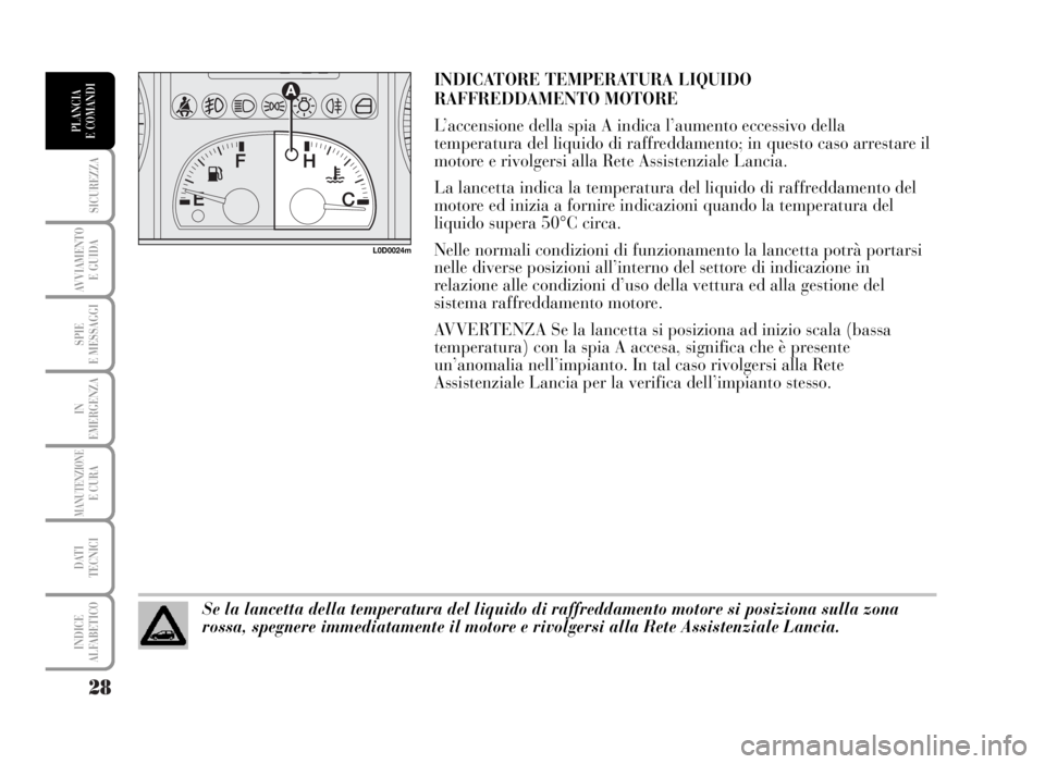 Lancia Musa 2007 Libretto Uso Manutenzione (in Italian) 28
SICUREZZA
AVVIAMENTO
E GUIDA
SPIE
E MESSAGGI
IN
EMERGENZA
MANUTENZIONEE CURA
DATI
TECNICI
INDICE
ALFABETICO
PLANCIA
E COMANDI
INDICATORE TEMPERATURA LIQUIDO
RAFFREDDAMENTO MOTORE
L’accensione Lancia Musa 2007 Libretto Uso Manutenzione (in Italian) 28
SICUREZZA
AVVIAMENTO
E GUIDA
SPIE
E MESSAGGI
IN
EMERGENZA
MANUTENZIONEE CURA
DATI
TECNICI
INDICE
ALFABETICO
PLANCIA
E COMANDI
INDICATORE TEMPERATURA LIQUIDO
RAFFREDDAMENTO MOTORE
L’accensione