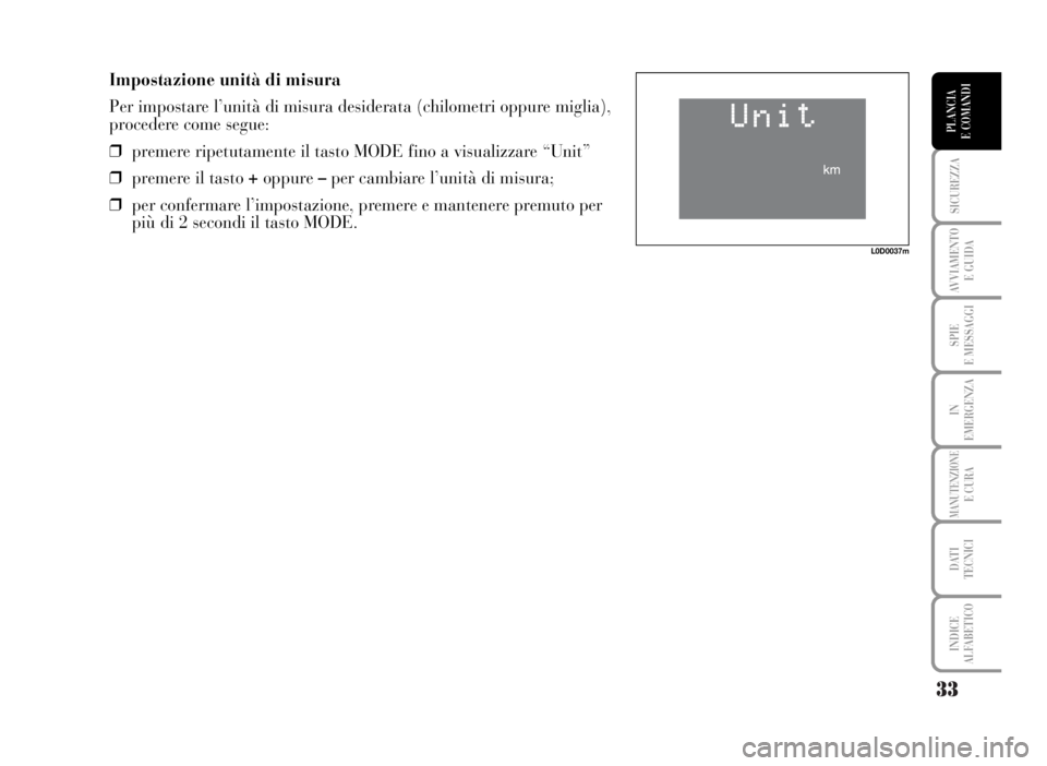 Lancia Musa 2007 Libretto Uso Manutenzione (in Italian) 33
SICUREZZA
AVVIAMENTO
E GUIDA
SPIE
E MESSAGGI
IN
EMERGENZA
MANUTENZIONEE CURA
DATI
TECNICI
INDICE
ALFABETICO
PLANCIA
E COMANDI
Impostazione unità di misura
Per impostare l’unità di misura desi Lancia Musa 2007 Libretto Uso Manutenzione (in Italian) 33
SICUREZZA
AVVIAMENTO
E GUIDA
SPIE
E MESSAGGI
IN
EMERGENZA
MANUTENZIONEE CURA
DATI
TECNICI
INDICE
ALFABETICO
PLANCIA
E COMANDI
Impostazione unità di misura
Per impostare l’unità di misura desi