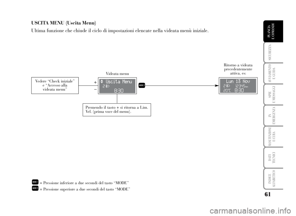 Lancia Musa 2007 Libretto Uso Manutenzione (in Italian) 61
SICUREZZA
AVVIAMENTO
E GUIDA
SPIE
E MESSAGGI
IN
EMERGENZA
MANUTENZIONEE CURA
DATI
TECNICI
INDICE
ALFABETICO
PLANCIA
E COMANDI
USCITA MENU (Uscita Menu)
Ultima funzione che chiude il ciclo di impo Lancia Musa 2007 Libretto Uso Manutenzione (in Italian) 61
SICUREZZA
AVVIAMENTO
E GUIDA
SPIE
E MESSAGGI
IN
EMERGENZA
MANUTENZIONEE CURA
DATI
TECNICI
INDICE
ALFABETICO
PLANCIA
E COMANDI
USCITA MENU (Uscita Menu)
Ultima funzione che chiude il ciclo di impo