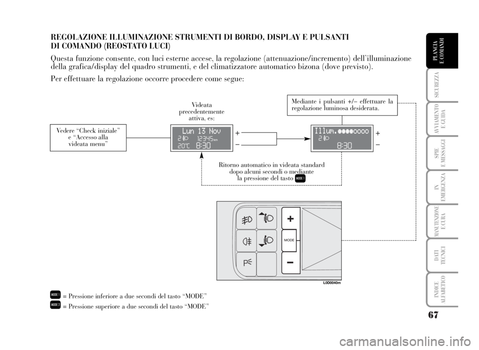 Lancia Musa 2007 Libretto Uso Manutenzione (in Italian) 67
SICUREZZA
AVVIAMENTO
E GUIDA
SPIE
E MESSAGGI
IN
EMERGENZA
MANUTENZIONEE CURA
DATI
TECNICI
INDICE
ALFABETICO
PLANCIA
E COMANDI
REGOLAZIONE ILLUMINAZIONE STRUMENTI DI BORDO, DISPLAY E PULSANTI
DI Lancia Musa 2007 Libretto Uso Manutenzione (in Italian) 67
SICUREZZA
AVVIAMENTO
E GUIDA
SPIE
E MESSAGGI
IN
EMERGENZA
MANUTENZIONEE CURA
DATI
TECNICI
INDICE
ALFABETICO
PLANCIA
E COMANDI
REGOLAZIONE ILLUMINAZIONE STRUMENTI DI BORDO, DISPLAY E PULSANTI
DI