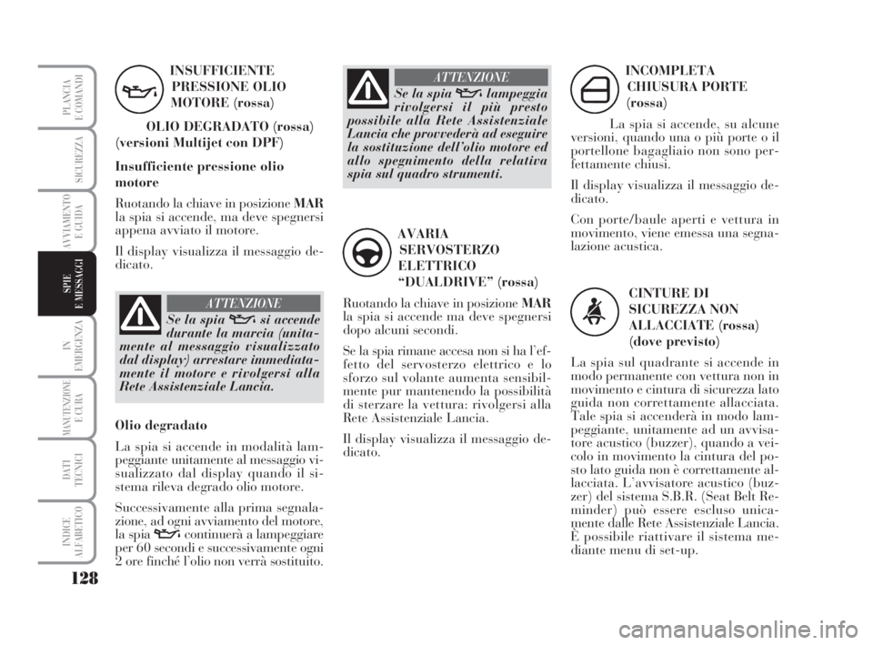 Lancia Musa 2008 Libretto Uso Manutenzione (in Italian) 128
IN
EMERGENZA
MANUTENZIONEE CURA
DATI
TECNICI
INDICE
ALFABETICO
PLANCIA
E COMANDI
SICUREZZA
AVVIAMENTO
E GUIDA
SPIE
E MESSAGGI
INSUFFICIENTE
PRESSIONE OLIO
MOTORE (rossa)
OLIO DEGRADATO (rossa)
(ve Lancia Musa 2008 Libretto Uso Manutenzione (in Italian) 128
IN
EMERGENZA
MANUTENZIONEE CURA
DATI
TECNICI
INDICE
ALFABETICO
PLANCIA
E COMANDI
SICUREZZA
AVVIAMENTO
E GUIDA
SPIE
E MESSAGGI
INSUFFICIENTE
PRESSIONE OLIO
MOTORE (rossa)
OLIO DEGRADATO (rossa)
(ve