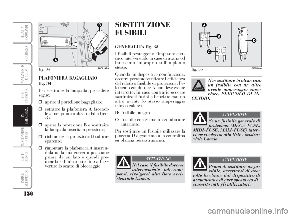 Lancia Musa 2008  Libretto Uso Manutenzione (in Italian) 156
SPIE
E MESSAGGI
MANUTENZIONEE CURA
DATI 
TECNICI
INDICE
ALFABETICO
PLANCIA
E COMANDI
SICUREZZA
AVVIAMENTO 
E GUIDA
IN
EMERGENZA
PLAFONIERA BAGAGLIAIO 
fig. 34
Per sostituire la lampada, procedere
