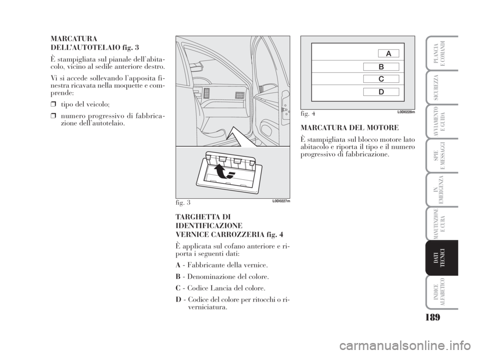Lancia Musa 2008  Libretto Uso Manutenzione (in Italian) 189
SPIE
E MESSAGGI
INDICE
ALFABETICO
PLANCIA
E COMANDI
SICUREZZA
AVVIAMENTO 
E GUIDA
IN
EMERGENZA
MANUTENZIONEE CURA
DATI 
TECNICI
MARCATURA
DELL’AUTOTELAIO fig. 3
È stampigliata sul pianale dell