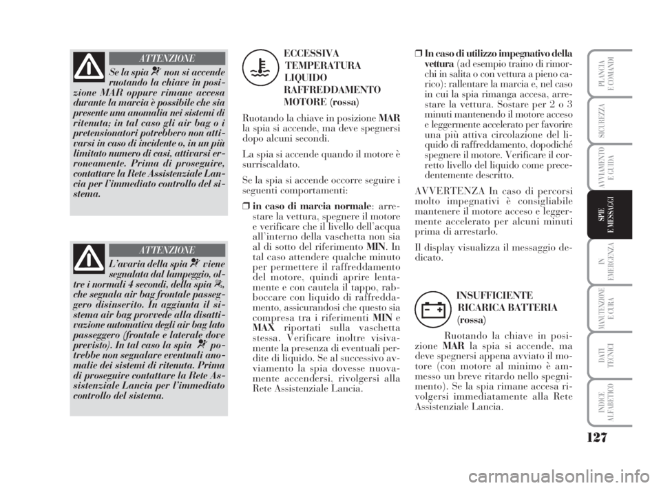 Lancia Musa 2009  Libretto Uso Manutenzione (in Italian) 127
IN
EMERGENZA
MANUTENZIONEE CURA
DATI
TECNICI
INDICE
ALFABETICO
PLANCIA
E COMANDI
SICUREZZA
AVVIAMENTO
E GUIDA
SPIE
E MESSAGGI
Se la spia ¬non si accende
ruotando la chiave in posi-
zione MAR oppu