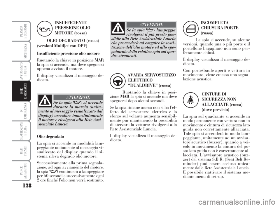Lancia Musa 2009  Libretto Uso Manutenzione (in Italian) 128
IN
EMERGENZA
MANUTENZIONEE CURA
DATI
TECNICI
INDICE
ALFABETICO
PLANCIA
E COMANDI
SICUREZZA
AVVIAMENTO
E GUIDA
SPIE
E MESSAGGI
INSUFFICIENTE
PRESSIONE OLIO
MOTORE (rossa)
OLIO DEGRADATO (rossa)
(ve