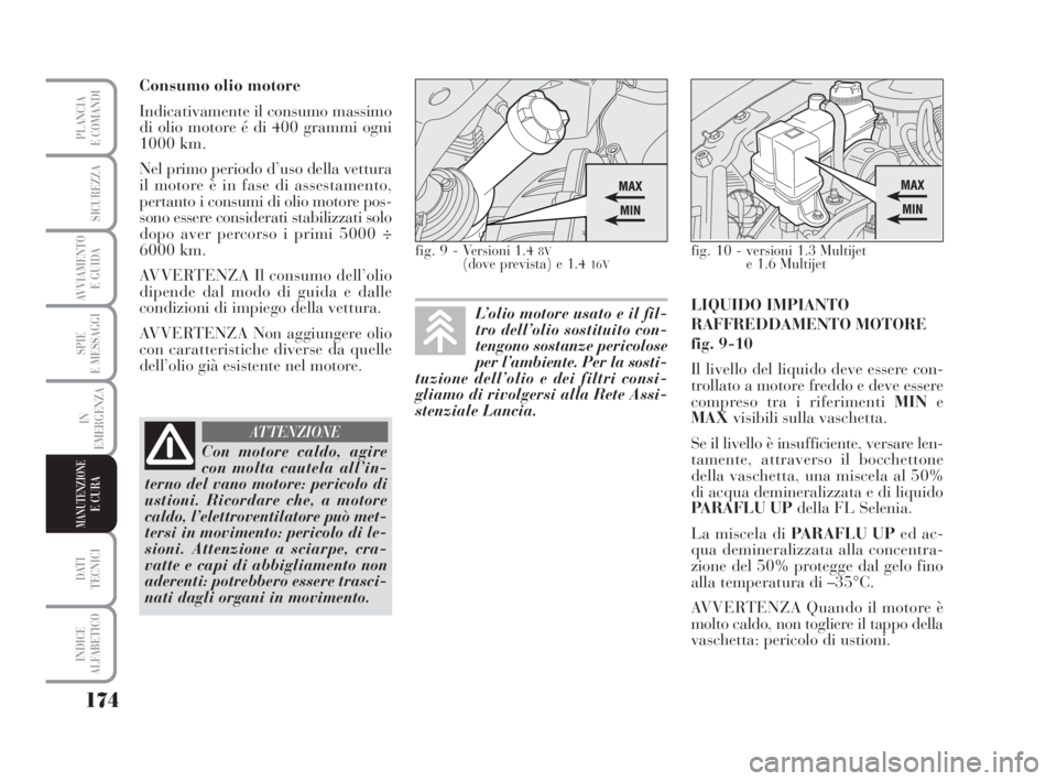 Lancia Musa 2009  Libretto Uso Manutenzione (in Italian) 174
SPIE
E MESSAGGI
DATI 
TECNICI
INDICE
ALFABETICO
PLANCIA
E COMANDI
SICUREZZA
AVVIAMENTO 
E GUIDA
IN
EMERGENZA
MANUTENZIONEE CURA
Consumo olio motore
Indicativamente il consumo massimo
di olio motor