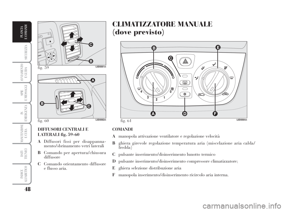 Lancia Musa 2009 Libretto Uso Manutenzione (in Italian) 48
SICUREZZA
AVVIAMENTO
E GUIDA
SPIE
E MESSAGGI
IN
EMERGENZA
MANUTENZIONEE CURA
DATI
TECNICI
INDICE
ALFABETICO
PLANCIA
E COMANDI
COMANDI
Amanopola attivazione ventilatore e regolazione velocità
Bgh Lancia Musa 2009 Libretto Uso Manutenzione (in Italian) 48
SICUREZZA
AVVIAMENTO
E GUIDA
SPIE
E MESSAGGI
IN
EMERGENZA
MANUTENZIONEE CURA
DATI
TECNICI
INDICE
ALFABETICO
PLANCIA
E COMANDI
COMANDI
Amanopola attivazione ventilatore e regolazione velocità
Bgh