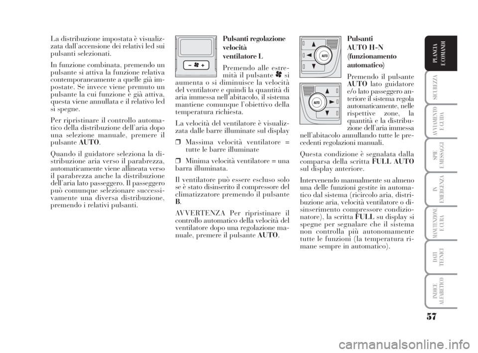Lancia Musa 2009 Libretto Uso Manutenzione (in Italian) 57
SICUREZZA
AVVIAMENTO
E GUIDA
SPIE
E MESSAGGI
IN
EMERGENZA
MANUTENZIONEE CURA
DATI
TECNICI
INDICE
ALFABETICO
PLANCIA
E COMANDI
La distribuzione impostata è visualiz-
zata dall’accensione dei re Lancia Musa 2009 Libretto Uso Manutenzione (in Italian) 57
SICUREZZA
AVVIAMENTO
E GUIDA
SPIE
E MESSAGGI
IN
EMERGENZA
MANUTENZIONEE CURA
DATI
TECNICI
INDICE
ALFABETICO
PLANCIA
E COMANDI
La distribuzione impostata è visualiz-
zata dall’accensione dei re