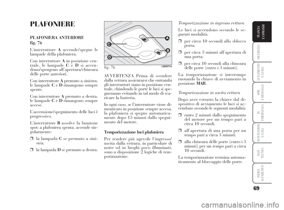 Lancia Musa 2009 Libretto Uso Manutenzione (in Italian) 69
SICUREZZA
AVVIAMENTO
E GUIDA
SPIE
E MESSAGGI
IN
EMERGENZA
MANUTENZIONEE CURA
DATI
TECNICI
INDICE
ALFABETICO
PLANCIA
E COMANDI
PLAFONIERE
PLAFONIERA ANTERIORE
fig. 76
L’interruttore Aaccende/sp Lancia Musa 2009 Libretto Uso Manutenzione (in Italian) 69
SICUREZZA
AVVIAMENTO
E GUIDA
SPIE
E MESSAGGI
IN
EMERGENZA
MANUTENZIONEE CURA
DATI
TECNICI
INDICE
ALFABETICO
PLANCIA
E COMANDI
PLAFONIERE
PLAFONIERA ANTERIORE
fig. 76
L’interruttore Aaccende/sp