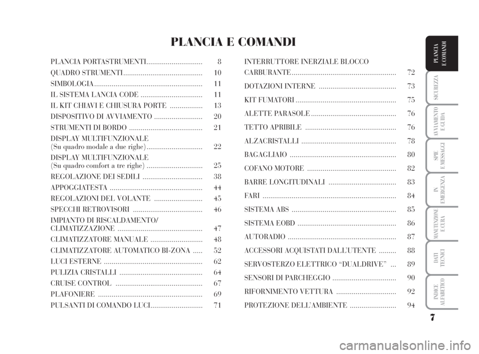 Lancia Musa 2009  Libretto Uso Manutenzione (in Italian) 7
SICUREZZA
AVVIAMENTO 
E GUIDA
SPIE
E MESSAGGI
IN
EMERGENZA
MANUTENZIONEE CURA
DATI 
TECNICI
INDICE
ALFABETICO
PLANCIA
E COMANDIPLANCIA PORTASTRUMENTI............................. 8
QUADRO STRUMENTI 