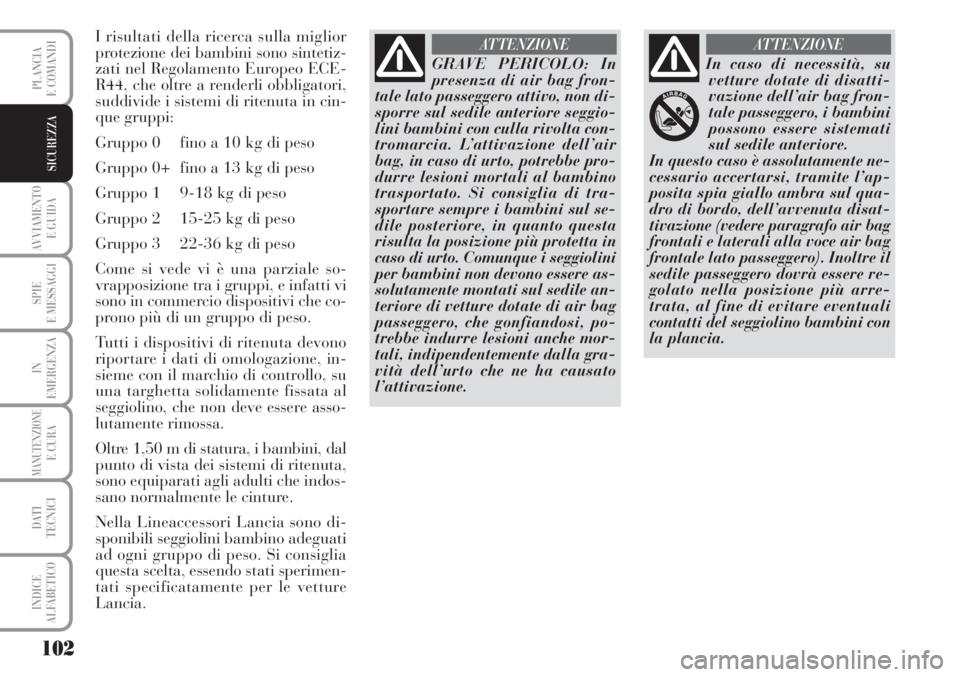 Lancia Musa 2010 Libretto Uso Manutenzione (in Italian) 102
AVVIAMENTO
E GUIDA
SPIE
E MESSAGGI
IN
EMERGENZA
MANUTENZIONEE CURA
DATI
TECNICI
INDICE
ALFABETICO
PLANCIA
E COMANDI
SICUREZZA
I risultati della ricerca sulla miglior
protezione dei bambini sono Lancia Musa 2010 Libretto Uso Manutenzione (in Italian) 102
AVVIAMENTO
E GUIDA
SPIE
E MESSAGGI
IN
EMERGENZA
MANUTENZIONEE CURA
DATI
TECNICI
INDICE
ALFABETICO
PLANCIA
E COMANDI
SICUREZZA
I risultati della ricerca sulla miglior
protezione dei bambini sono