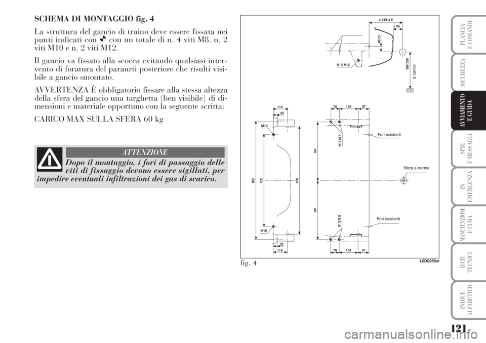 Lancia Musa 2010 Libretto Uso Manutenzione (in Italian) 121
SPIE
E MESSAGGI
IN
EMERGENZA
MANUTENZIONEE CURA
DATI
TECNICI
INDICE
ALFABETICO
PLANCIA
E COMANDI
SICUREZZA
AVVIAMENTO
E GUIDA
a carico
Sfera a norme Fori esistenti
Fori esistenti
fig. 4
SCHEMA D Lancia Musa 2010 Libretto Uso Manutenzione (in Italian) 121
SPIE
E MESSAGGI
IN
EMERGENZA
MANUTENZIONEE CURA
DATI
TECNICI
INDICE
ALFABETICO
PLANCIA
E COMANDI
SICUREZZA
AVVIAMENTO
E GUIDA
a carico
Sfera a norme Fori esistenti
Fori esistenti
fig. 4
SCHEMA D