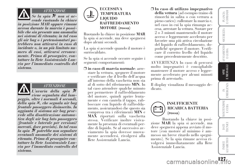 Lancia Musa 2010 Libretto Uso Manutenzione (in Italian) 127
IN
EMERGENZA
MANUTENZIONEE CURA
DATI
TECNICI
INDICE
ALFABETICO
PLANCIA
E COMANDI
SICUREZZA
AVVIAMENTO
E GUIDA
SPIE
E MESSAGGI
Se la spia ¬non si ac-
cende ruotando la chiave
in posizione MAR oppu Lancia Musa 2010 Libretto Uso Manutenzione (in Italian) 127
IN
EMERGENZA
MANUTENZIONEE CURA
DATI
TECNICI
INDICE
ALFABETICO
PLANCIA
E COMANDI
SICUREZZA
AVVIAMENTO
E GUIDA
SPIE
E MESSAGGI
Se la spia ¬non si ac-
cende ruotando la chiave
in posizione MAR oppu