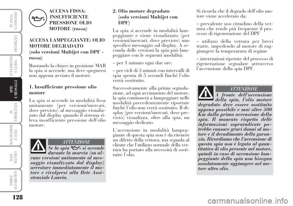 Lancia Musa 2010 Libretto Uso Manutenzione (in Italian) 128
IN
EMERGENZA
MANUTENZIONEE CURA
DATI
TECNICI
INDICE
ALFABETICO
PLANCIA
E COMANDI
SICUREZZA
AVVIAMENTO
E GUIDA
SPIE
E MESSAGGI
ACCESA FISSA:
INSUFFICIENTE
PRESSIONE OLIO
MOTORE (rossa)
ACCESA LAMPE Lancia Musa 2010 Libretto Uso Manutenzione (in Italian) 128
IN
EMERGENZA
MANUTENZIONEE CURA
DATI
TECNICI
INDICE
ALFABETICO
PLANCIA
E COMANDI
SICUREZZA
AVVIAMENTO
E GUIDA
SPIE
E MESSAGGI
ACCESA FISSA:
INSUFFICIENTE
PRESSIONE OLIO
MOTORE (rossa)
ACCESA LAMPE