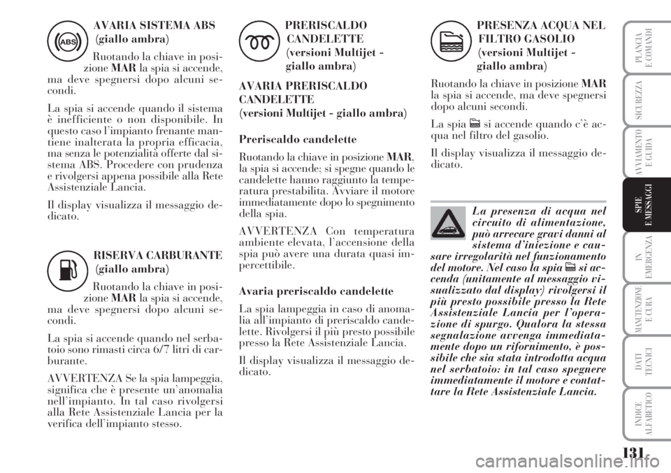 Lancia Musa 2010  Libretto Uso Manutenzione (in Italian) 131
IN
EMERGENZA
MANUTENZIONEE CURA
DATI
TECNICI
INDICE
ALFABETICO
PLANCIA
E COMANDI
SICUREZZA
AVVIAMENTO
E GUIDA
SPIE
E MESSAGGI
AVARIA SISTEMA ABS
(giallo ambra)
Ruotando la chiave in posi-
zioneMAR