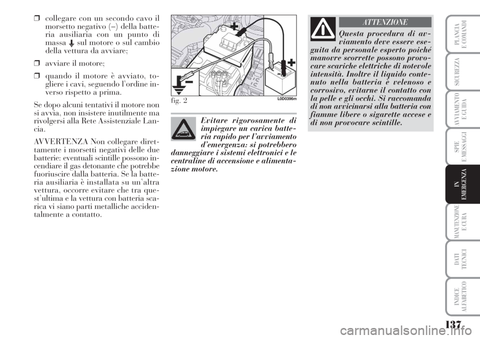 Lancia Musa 2010 Libretto Uso Manutenzione (in Italian) 137
SPIE
E MESSAGGI
MANUTENZIONEE CURA
DATI
TECNICI
INDICE
ALFABETICO
PLANCIA
E COMANDI
SICUREZZA
AVVIAMENTO
E GUIDA
IN
EMERGENZA
❒collegare con un secondo cavo il
morsetto negativo (–) della ba Lancia Musa 2010 Libretto Uso Manutenzione (in Italian) 137
SPIE
E MESSAGGI
MANUTENZIONEE CURA
DATI
TECNICI
INDICE
ALFABETICO
PLANCIA
E COMANDI
SICUREZZA
AVVIAMENTO
E GUIDA
IN
EMERGENZA
❒collegare con un secondo cavo il
morsetto negativo (–) della ba