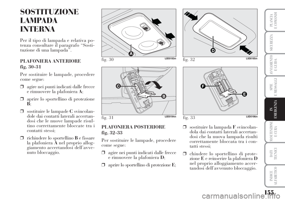 Lancia Musa 2010 Libretto Uso Manutenzione (in Italian) 155
SPIE
E MESSAGGI
MANUTENZIONEE CURA
DATI
TECNICI
INDICE
ALFABETICO
PLANCIA
E COMANDI
SICUREZZA
AVVIAMENTO
E GUIDA
IN
EMERGENZA
fig. 30L0D0193m
fig. 31L0D0194m
SOSTITUZIONE
LAMPADA
INTERNA
Per il Lancia Musa 2010 Libretto Uso Manutenzione (in Italian) 155
SPIE
E MESSAGGI
MANUTENZIONEE CURA
DATI
TECNICI
INDICE
ALFABETICO
PLANCIA
E COMANDI
SICUREZZA
AVVIAMENTO
E GUIDA
IN
EMERGENZA
fig. 30L0D0193m
fig. 31L0D0194m
SOSTITUZIONE
LAMPADA
INTERNA
Per il