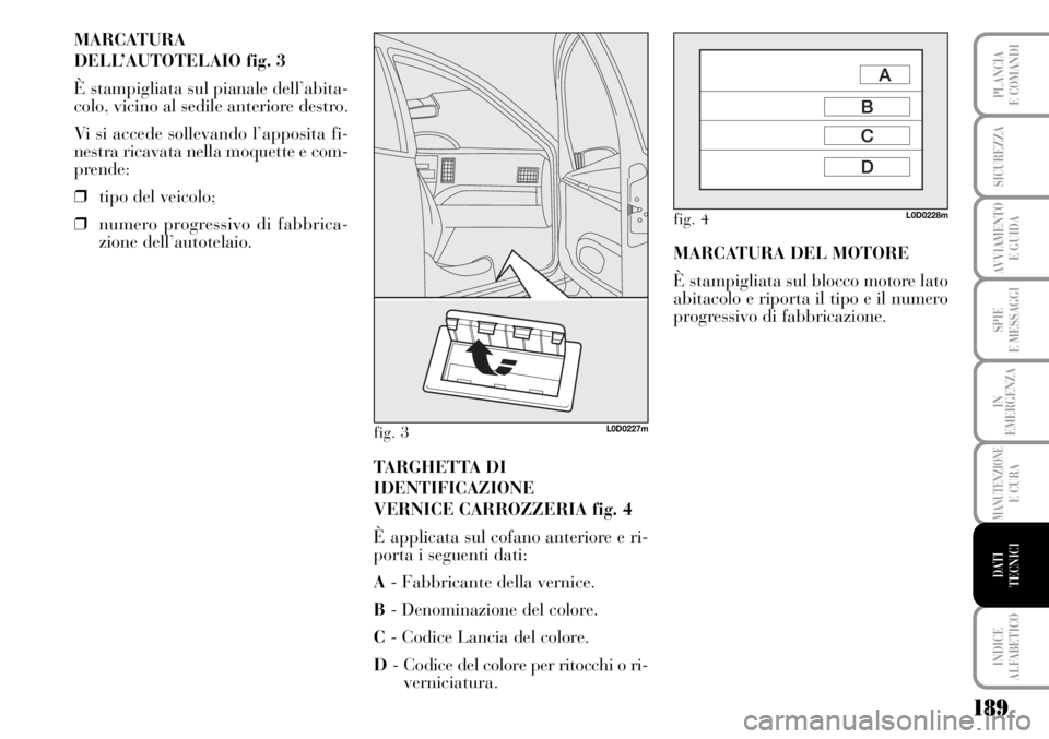 Lancia Musa 2010  Libretto Uso Manutenzione (in Italian) 189
SPIE
E MESSAGGI
INDICE
ALFABETICO
PLANCIA
E COMANDI
SICUREZZA
AVVIAMENTO 
E GUIDA
IN
EMERGENZA
MANUTENZIONEE CURA
DATI 
TECNICI
MARCATURA
DELL’AUTOTELAIO fig. 3
È stampigliata sul pianale dell
