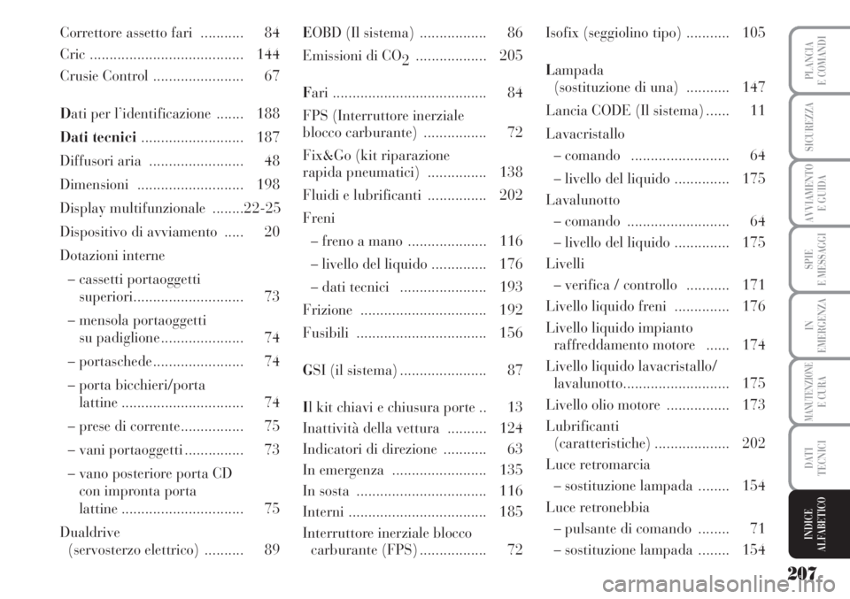 Lancia Musa 2010  Libretto Uso Manutenzione (in Italian) 207
SPIE
E MESSAGGI
PLANCIA
E COMANDI
SICUREZZA
AVVIAMENTO
E GUIDA
IN
EMERGENZA
MANUTENZIONEE CURA
DATI
TECNICI
INDICE
ALFABETICO
Correttore assetto fari  ........... 84
Cric .........................