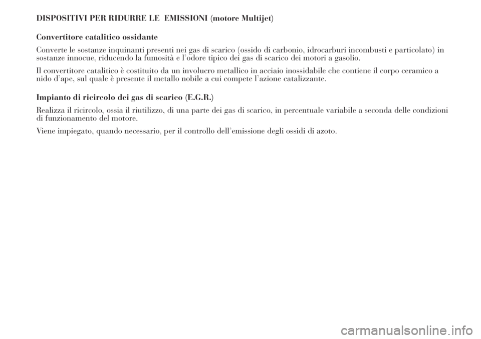 Lancia Musa 2010  Libretto Uso Manutenzione (in Italian) DISPOSITIVI PER RIDURRE LE  EMISSIONI (motore Multijet)
Convertitore catalitico ossidante
Converte le sostanze inquinanti presenti nei gas di scarico (ossido di carbonio, idrocarburi incombusti e part