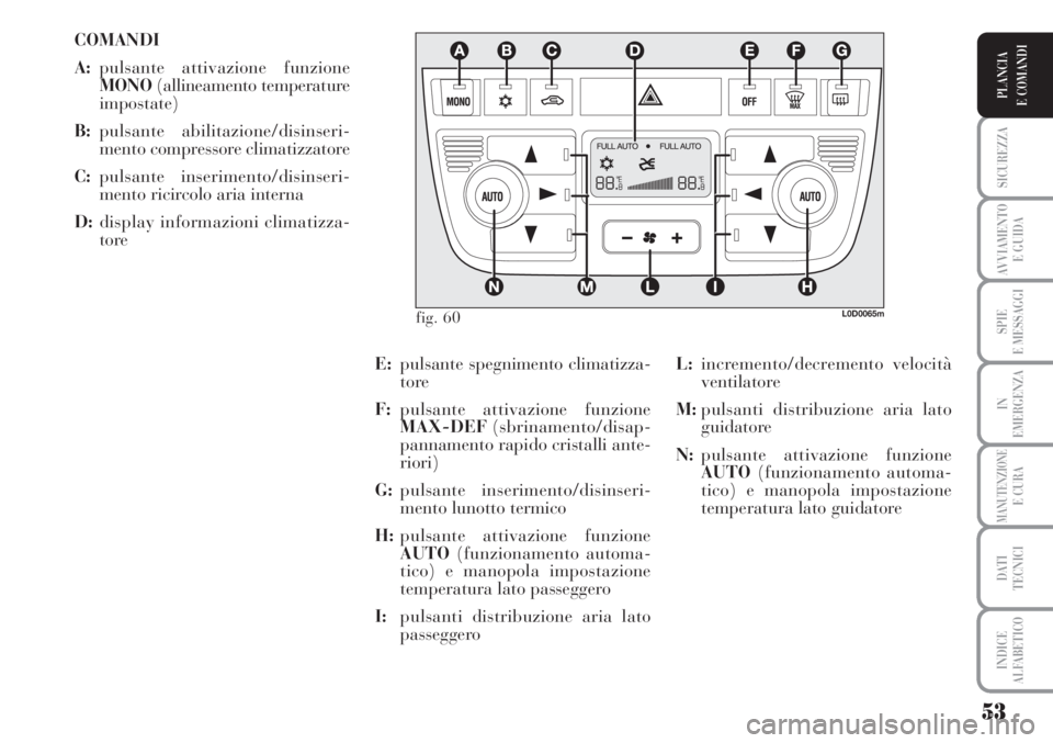 Lancia Musa 2010  Libretto Uso Manutenzione (in Italian) 53
SICUREZZA
AVVIAMENTO 
E GUIDA
SPIE
E MESSAGGI
IN
EMERGENZA
MANUTENZIONEE CURA
DATI 
TECNICI
INDICE
ALFABETICO
PLANCIA
E COMANDI
COMANDI
A:pulsante attivazione funzione
MONO(allineamento temperature