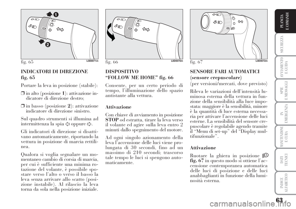 Lancia Musa 2010 Libretto Uso Manutenzione (in Italian) 63
SICUREZZA
AVVIAMENTO
E GUIDA
SPIE
E MESSAGGI
IN
EMERGENZA
MANUTENZIONEE CURA
DATI
TECNICI
INDICE
ALFABETICO
PLANCIA
E COMANDI
INDICATORI DI DIREZIONE
fig. 65
Portare la leva in posizione (stabil Lancia Musa 2010 Libretto Uso Manutenzione (in Italian) 63
SICUREZZA
AVVIAMENTO
E GUIDA
SPIE
E MESSAGGI
IN
EMERGENZA
MANUTENZIONEE CURA
DATI
TECNICI
INDICE
ALFABETICO
PLANCIA
E COMANDI
INDICATORI DI DIREZIONE
fig. 65
Portare la leva in posizione (stabil