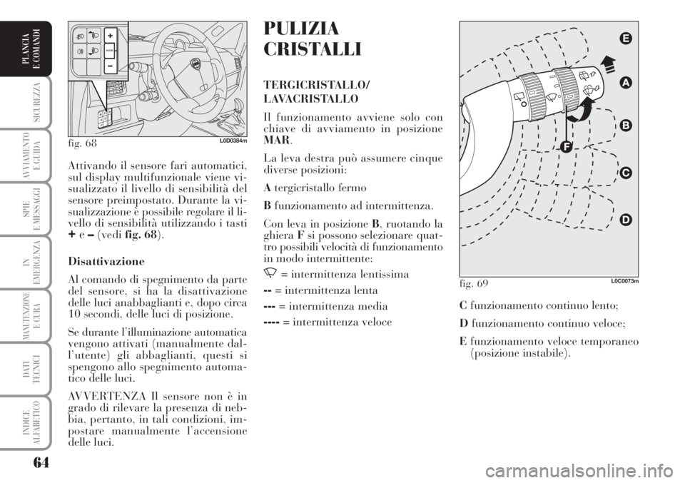 Lancia Musa 2010 Libretto Uso Manutenzione (in Italian) 64
SICUREZZA
AVVIAMENTO
E GUIDA
SPIE
E MESSAGGI
IN
EMERGENZA
MANUTENZIONEE CURA
DATI
TECNICI
INDICE
ALFABETICO
PLANCIA
E COMANDI
PULIZIA
CRISTALLI
TERGICRISTALLO/
LAVACRISTALLO
Il funzionamento avv Lancia Musa 2010 Libretto Uso Manutenzione (in Italian) 64
SICUREZZA
AVVIAMENTO
E GUIDA
SPIE
E MESSAGGI
IN
EMERGENZA
MANUTENZIONEE CURA
DATI
TECNICI
INDICE
ALFABETICO
PLANCIA
E COMANDI
PULIZIA
CRISTALLI
TERGICRISTALLO/
LAVACRISTALLO
Il funzionamento avv