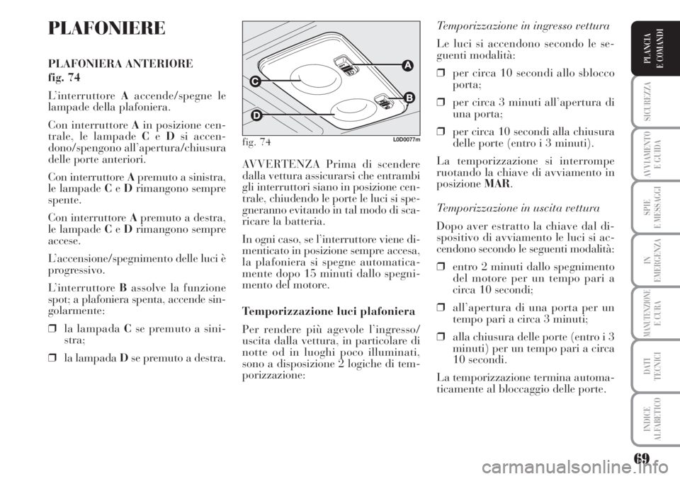 Lancia Musa 2010 Libretto Uso Manutenzione (in Italian) 69
SICUREZZA
AVVIAMENTO
E GUIDA
SPIE
E MESSAGGI
IN
EMERGENZA
MANUTENZIONEE CURA
DATI
TECNICI
INDICE
ALFABETICO
PLANCIA
E COMANDI
PLAFONIERE
PLAFONIERA ANTERIORE
fig. 74
L’interruttore Aaccende/sp Lancia Musa 2010 Libretto Uso Manutenzione (in Italian) 69
SICUREZZA
AVVIAMENTO
E GUIDA
SPIE
E MESSAGGI
IN
EMERGENZA
MANUTENZIONEE CURA
DATI
TECNICI
INDICE
ALFABETICO
PLANCIA
E COMANDI
PLAFONIERE
PLAFONIERA ANTERIORE
fig. 74
L’interruttore Aaccende/sp
