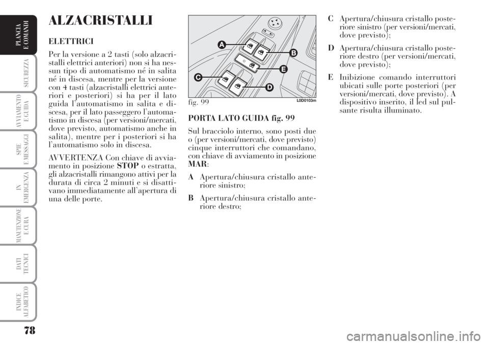 Lancia Musa 2010  Libretto Uso Manutenzione (in Italian) 78
SICUREZZA
AVVIAMENTO 
E GUIDA
SPIE
E MESSAGGI
IN
EMERGENZA
MANUTENZIONEE CURA
DATI 
TECNICI
INDICE
ALFABETICO
PLANCIA
E COMANDI
PORTA LATO GUIDA fig. 99
Sul bracciolo interno, sono posti due
o (per