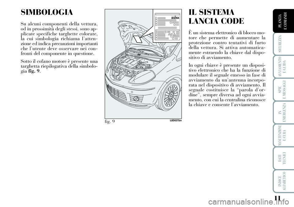 Lancia Musa 2011  Libretto Uso Manutenzione (in Italian) 11
SICUREZZA
AVVIAMENTO 
E GUIDA
SPIE
E MESSAGGI
IN
EMERGENZA
MANUTENZIONEE CURA
DATI 
TECNICI
INDICE
ALFABETICO
PLANCIA
E COMANDI
SIMBOLOGIA
Su alcuni componenti della vettura,
od in prossimità degl