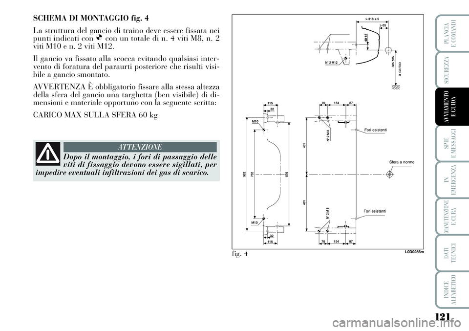 Lancia Musa 2011 Libretto Uso Manutenzione (in Italian) 121
SPIE
E MESSAGGI
IN
EMERGENZA
MANUTENZIONEE CURA
DATI
TECNICI
INDICE
ALFABETICO
PLANCIA
E COMANDI
SICUREZZA
AVVIAMENTO
E GUIDA
a carico
Sfera a norme Fori esistenti
Fori esistenti
fig. 4
SCHEMA D Lancia Musa 2011 Libretto Uso Manutenzione (in Italian) 121
SPIE
E MESSAGGI
IN
EMERGENZA
MANUTENZIONEE CURA
DATI
TECNICI
INDICE
ALFABETICO
PLANCIA
E COMANDI
SICUREZZA
AVVIAMENTO
E GUIDA
a carico
Sfera a norme Fori esistenti
Fori esistenti
fig. 4
SCHEMA D