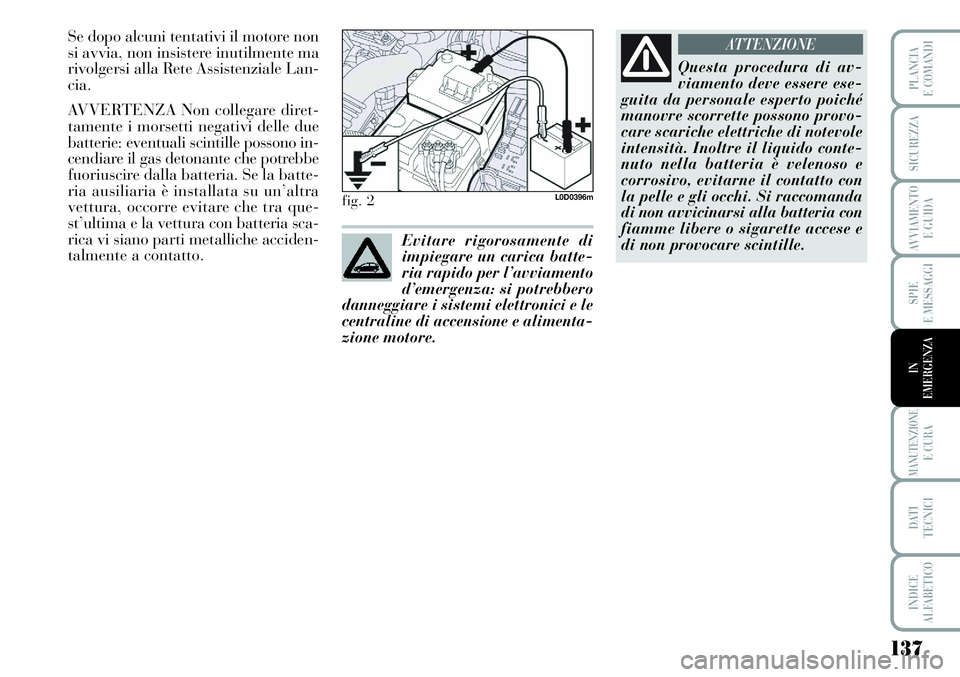 Lancia Musa 2011  Libretto Uso Manutenzione (in Italian) 137
SPIE
E MESSAGGI
MANUTENZIONEE CURA
DATI 
TECNICI
INDICE
ALFABETICO
PLANCIA
E COMANDI
SICUREZZA
AVVIAMENTO 
E GUIDA
IN
EMERGENZA
Se dopo alcuni tentativi il motore non
si avvia, non insistere inuti