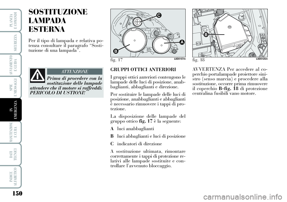 Lancia Musa 2011  Libretto Uso Manutenzione (in Italian) 150
SPIE
E MESSAGGI
MANUTENZIONEE CURA
DATI 
TECNICI
INDICE
ALFABETICO
PLANCIA
E COMANDI
SICUREZZA
AVVIAMENTO 
E GUIDA
IN
EMERGENZA
SOSTITUZIONE
LAMPADA
ESTERNA
Per il tipo di lampada e relativa po-
t