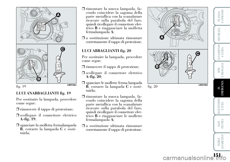 Lancia Musa 2011  Libretto Uso Manutenzione (in Italian) 151
SPIE
E MESSAGGI
MANUTENZIONEE CURA
DATI 
TECNICI
INDICE
ALFABETICO
PLANCIA
E COMANDI
SICUREZZA
AVVIAMENTO 
E GUIDA
IN
EMERGENZA
LUCI ANABBAGLIANTI fig. 19
Per sostituire la lampada, procedere
come